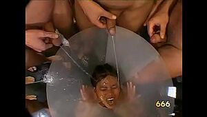 Pee in face of Chinese mega-slut in Pee mass ejaculation