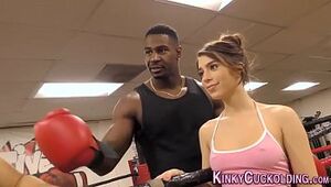 Domme cuckolds in boxing gym for jism