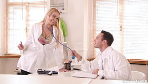 Huge-titted blond nurse Amber Jayne has her cooch packed with doctor's large fuck-stick