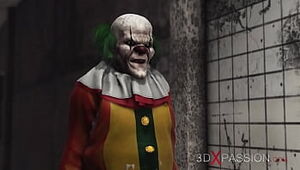 Evil clown plays with a tasty insane school female in an deserted health center