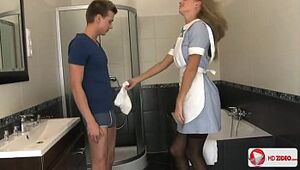 Mischievous youthfull light-haired nurse tempts her patient and let him pulverize her booty