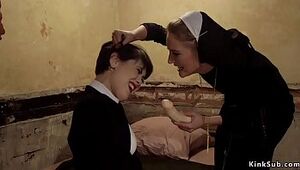 Black-haired sista asslicking girl-on-girl nun