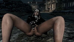 Skyrim : 2 nuns draining with leather gloves in front of everyone