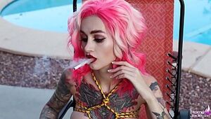 Color-Haired Lezzies Jack Pussys Fuck-fest Fucktoys near the Pool and Smoking Flame Jade