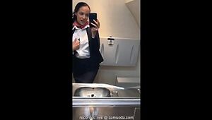 latina stewardess joins the getting off mile high club in the lavatory and jizzes
