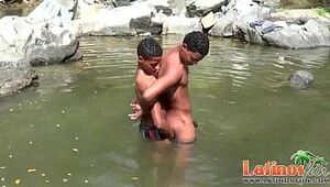 Hunky ethnic homosexual men having muddy raw oral joy