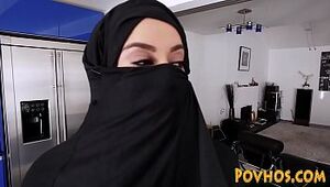 Muslim buxomy mega-slut point of view deep throating and railing salami in burka