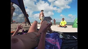 Exhibitionist Wifey 511 - Mrs Smooch gives us her Naked BEACH Point of glance view of a Spycam Tugging OFF in front of her and a few other dudes watching!